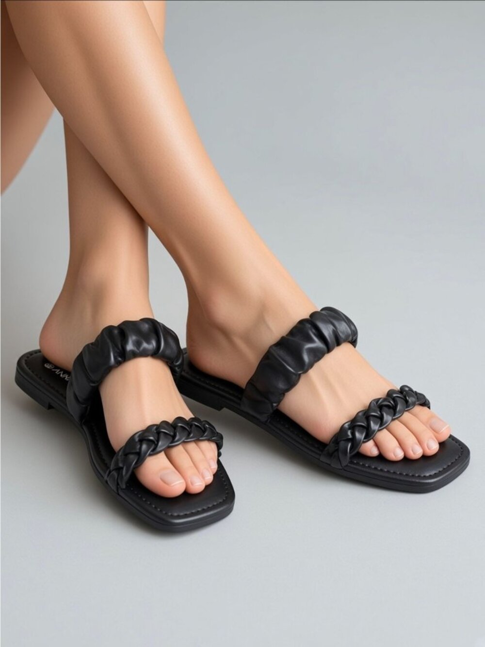 Black Braided Ruched Strap Slide Sandals Square Toe Flats - Picture 1 of 4